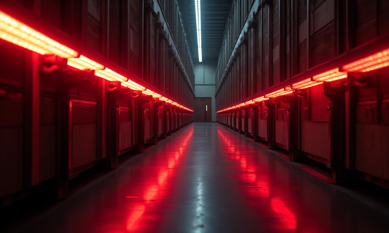 Atmospheric view of a high-security art storage vault with red lighting